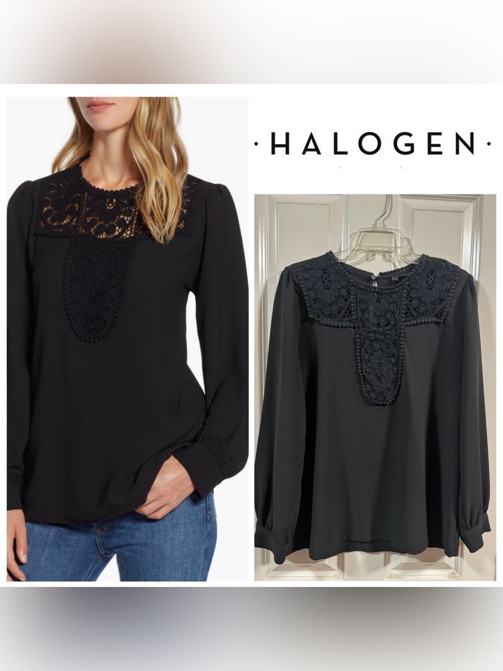 NWOT Halogen Crochet Lace Detail  Crepe Top